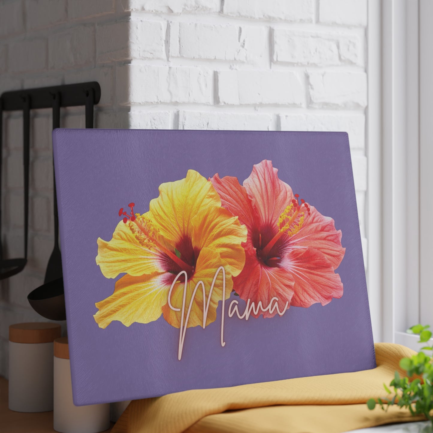 Mama Hibiscus Glass Cutting Board — Tropical Floral Kitchen Gift for Moms