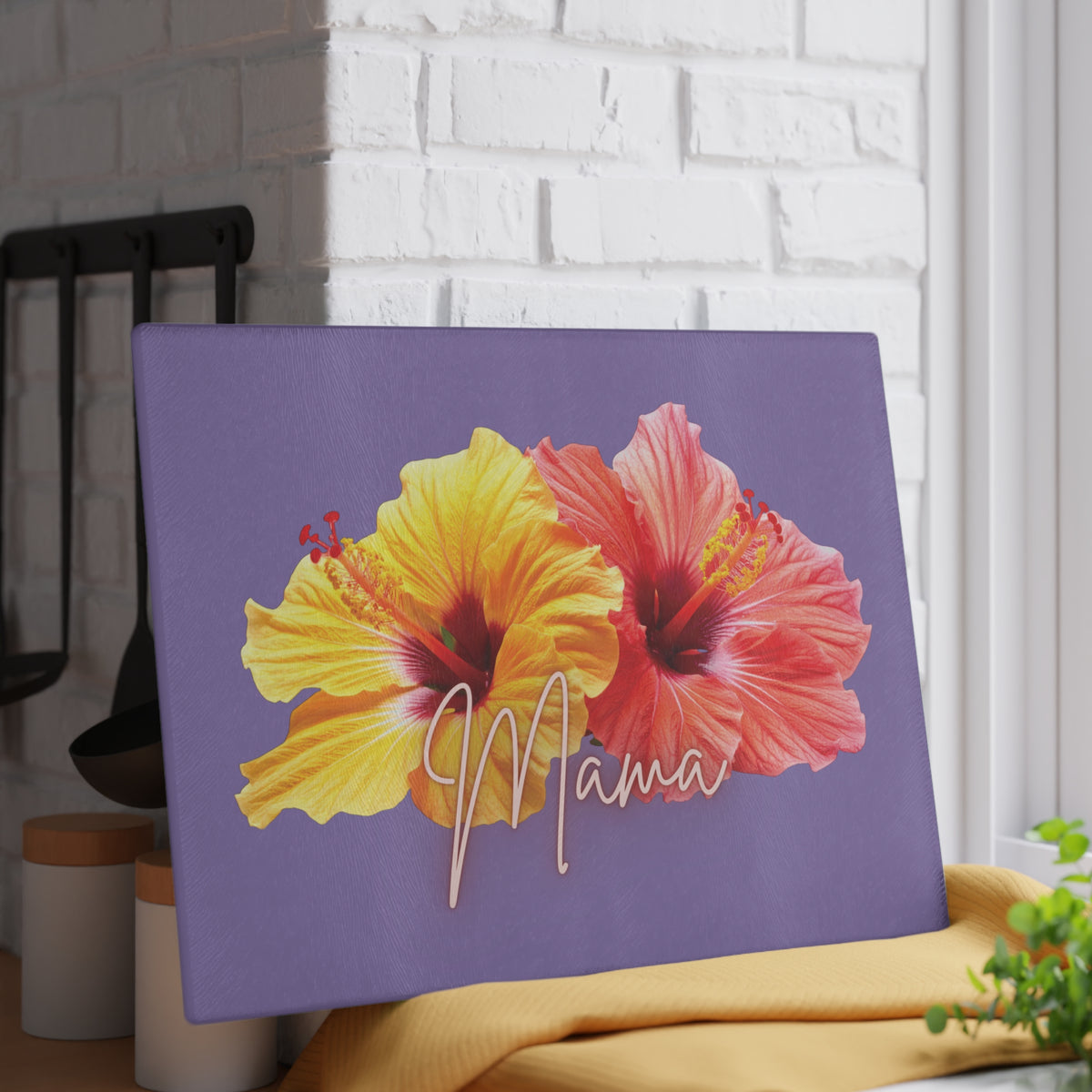 Mama Hibiscus Glass Cutting Board — Tropical Floral Kitchen Gift for Moms