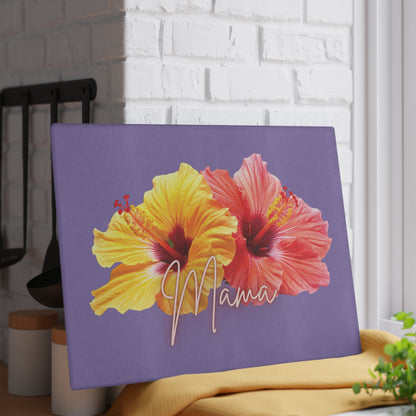 Mama Hibiscus Glass Cutting Board — Tropical Floral Kitchen Gift for Moms