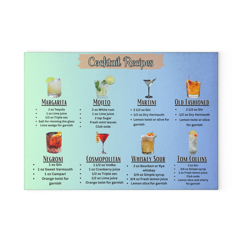 Cocktail Recipes Glass Cutting Board | Margarita Mojito Martini Old Fashioned