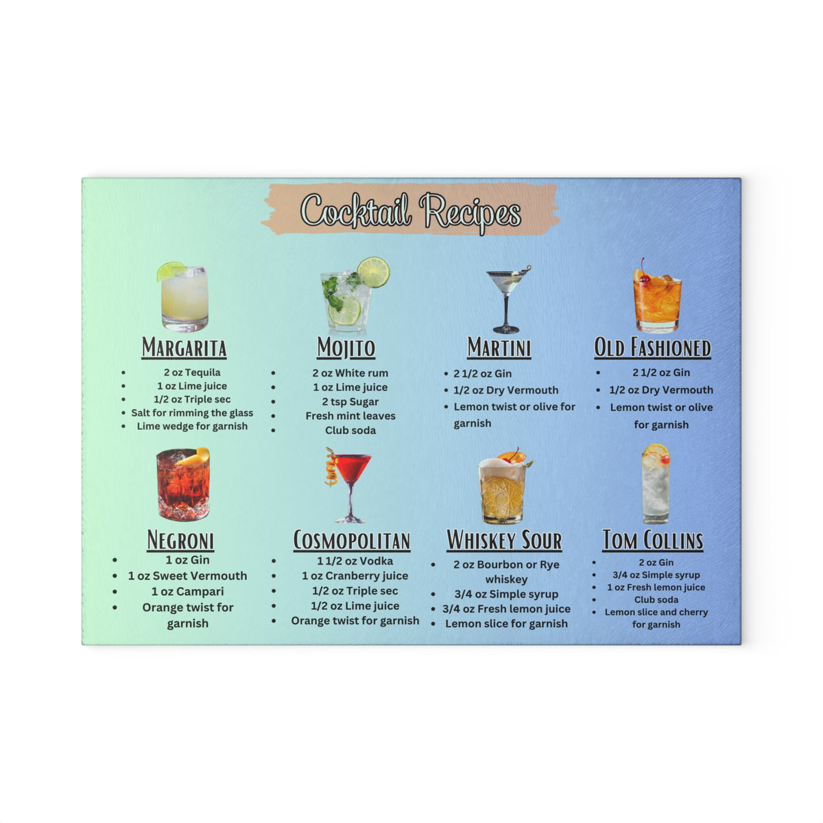 Cocktail Recipes Glass Cutting Board | Margarita Mojito Martini Old Fashioned