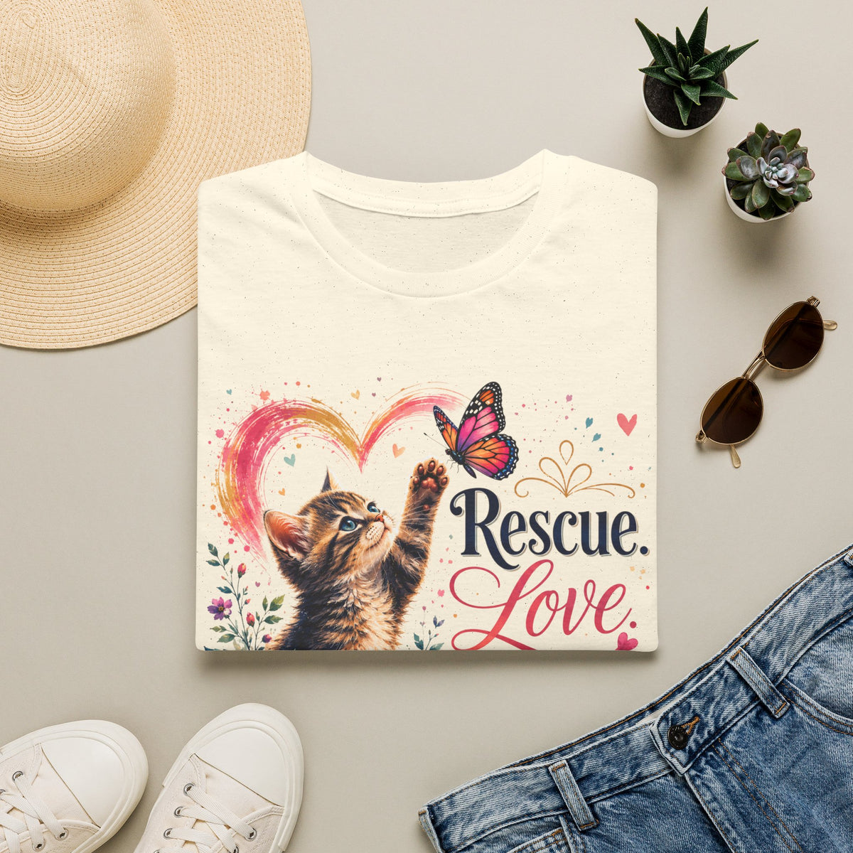 Rescue Love kitten heart butterfly T-Shirt | Rescue Love Repeat tee