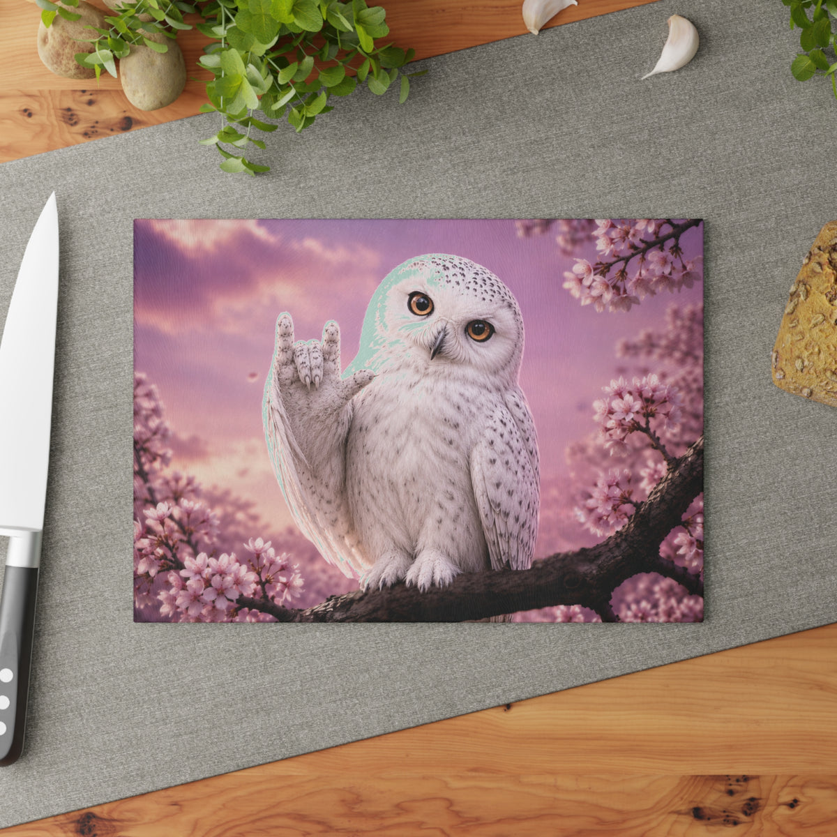 Glass Cutting Board — Cute White Owl 'Love' Hand Gesture on Pink Cherry Blossom Background