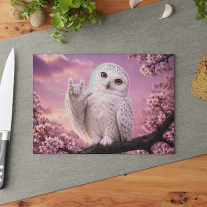 Glass Cutting Board — Cute White Owl 'Love' Hand Gesture on Pink Cherry Blossom Background