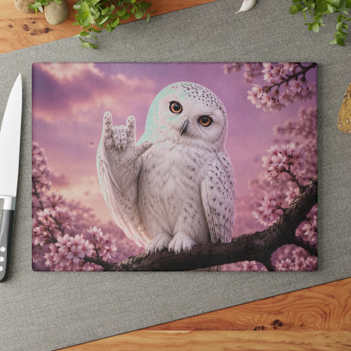 Glass Cutting Board — Cute White Owl 'Love' Hand Gesture on Pink Cherry Blossom Background
