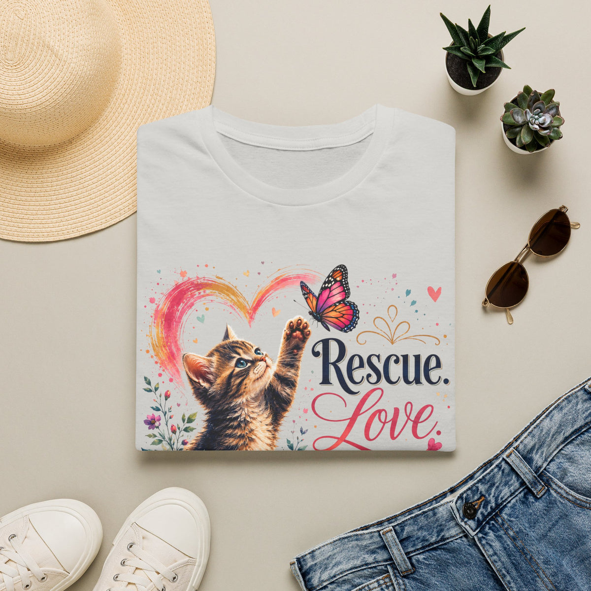 Rescue Love kitten heart butterfly T-Shirt | Rescue Love Repeat tee