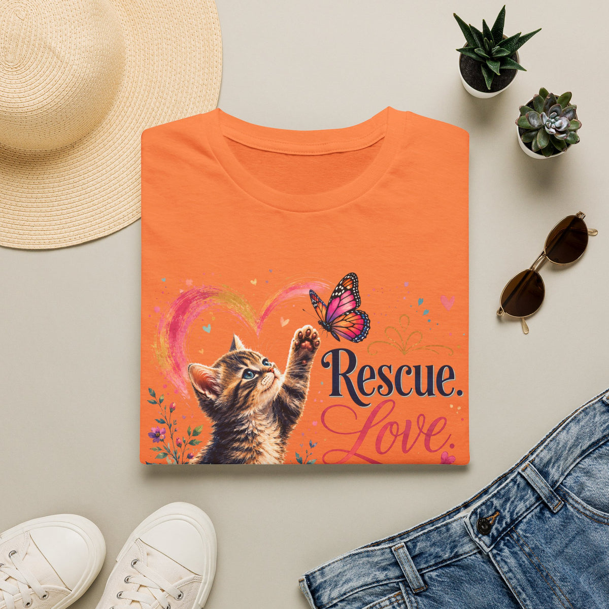 Rescue Love kitten heart butterfly T-Shirt | Rescue Love Repeat tee