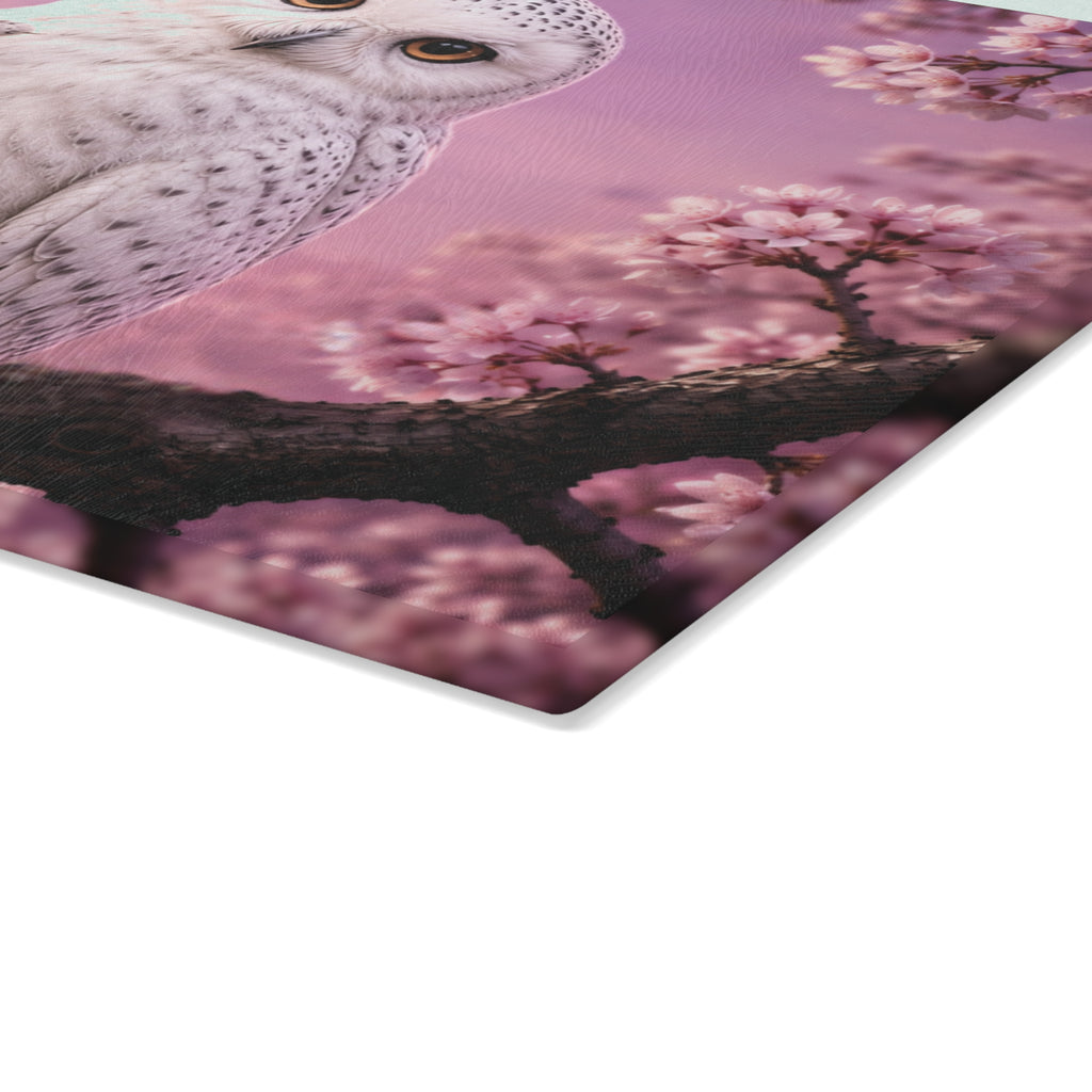 Glass Cutting Board — Cute White Owl 'Love' Hand Gesture on Pink Cherry Blossom Background