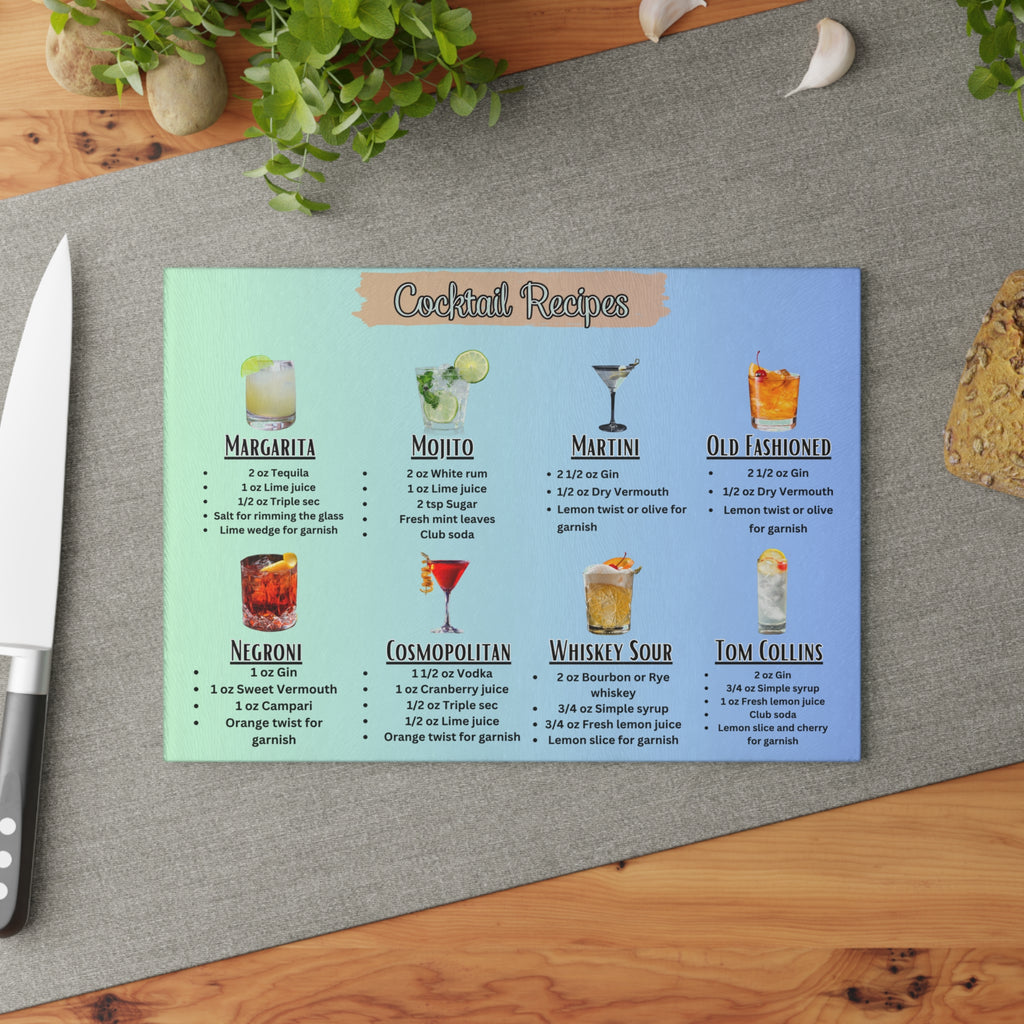 Cocktail Recipes Glass Cutting Board | Margarita Mojito Martini Old Fashioned