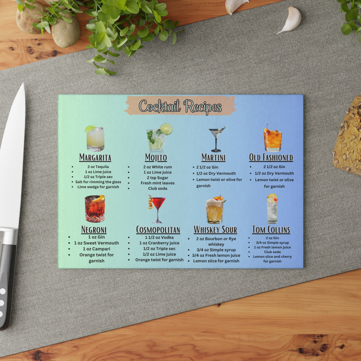 Cocktail Recipes Glass Cutting Board | Margarita Mojito Martini Old Fashioned