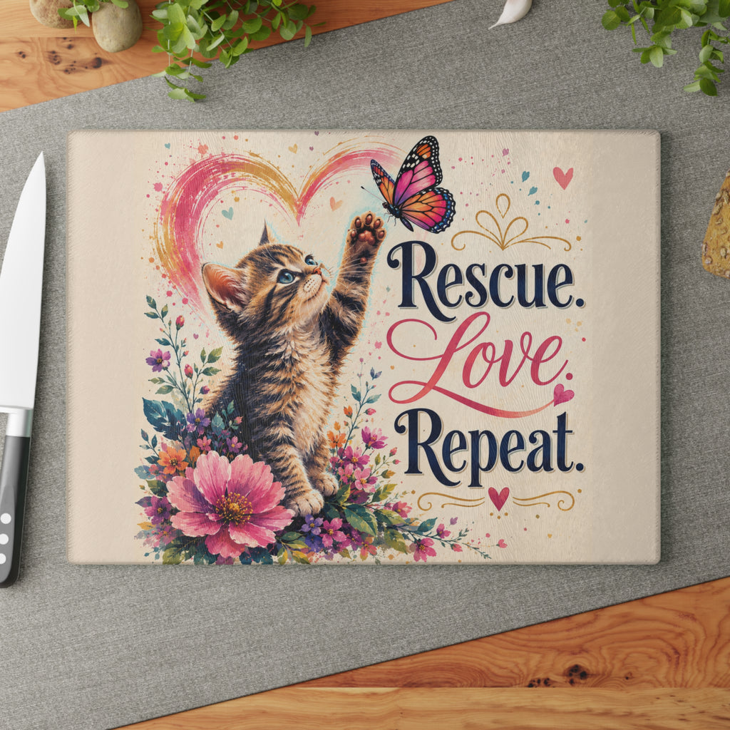 Rescue Love Repeat kitten with butterfly Glass Cutting Board | floral heart kitchen decor