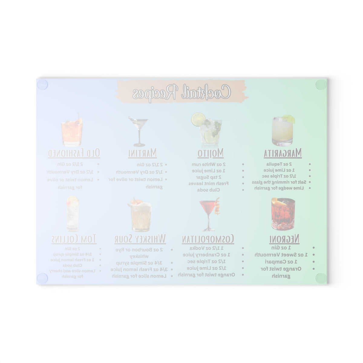 Cocktail Recipes Glass Cutting Board | Margarita Mojito Martini Old Fashioned