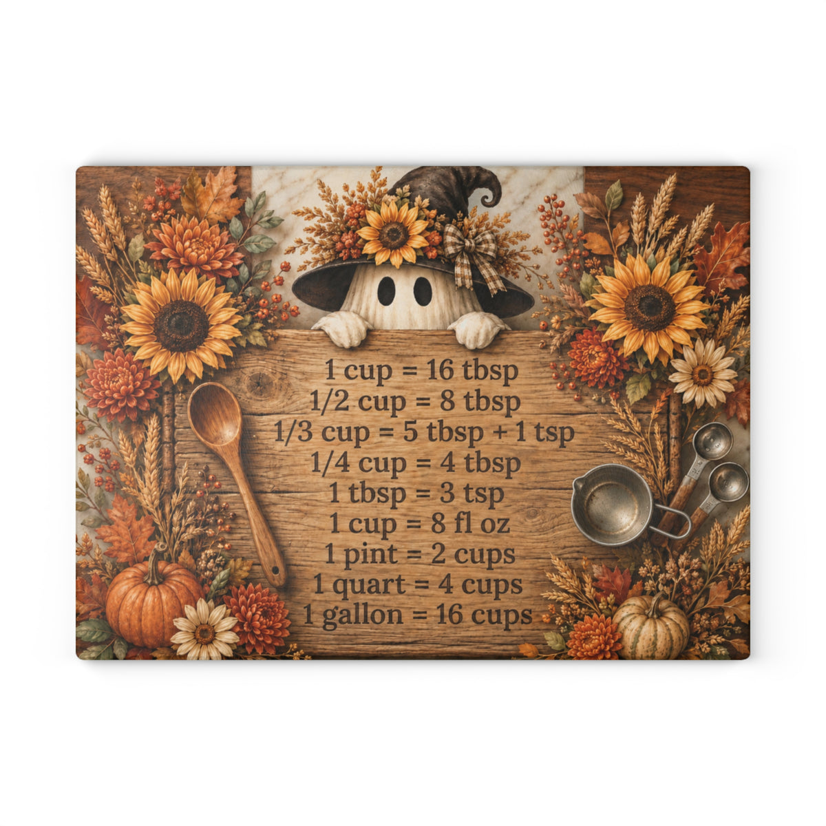 Autumn Sunflower Kitchen Conversion Glass Cutting Board | Measurement Chart