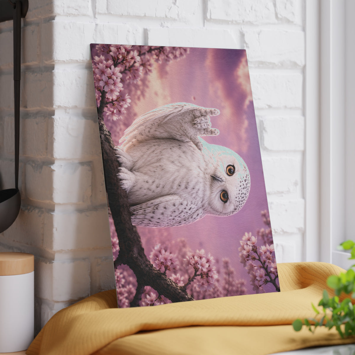 Glass Cutting Board — Cute White Owl 'Love' Hand Gesture on Pink Cherry Blossom Background