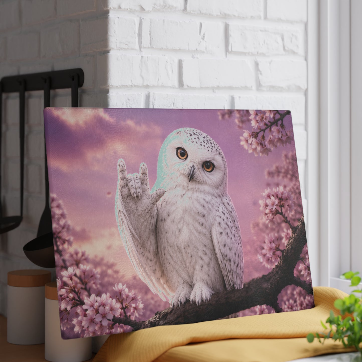 Glass Cutting Board — Cute White Owl 'Love' Hand Gesture on Pink Cherry Blossom Background