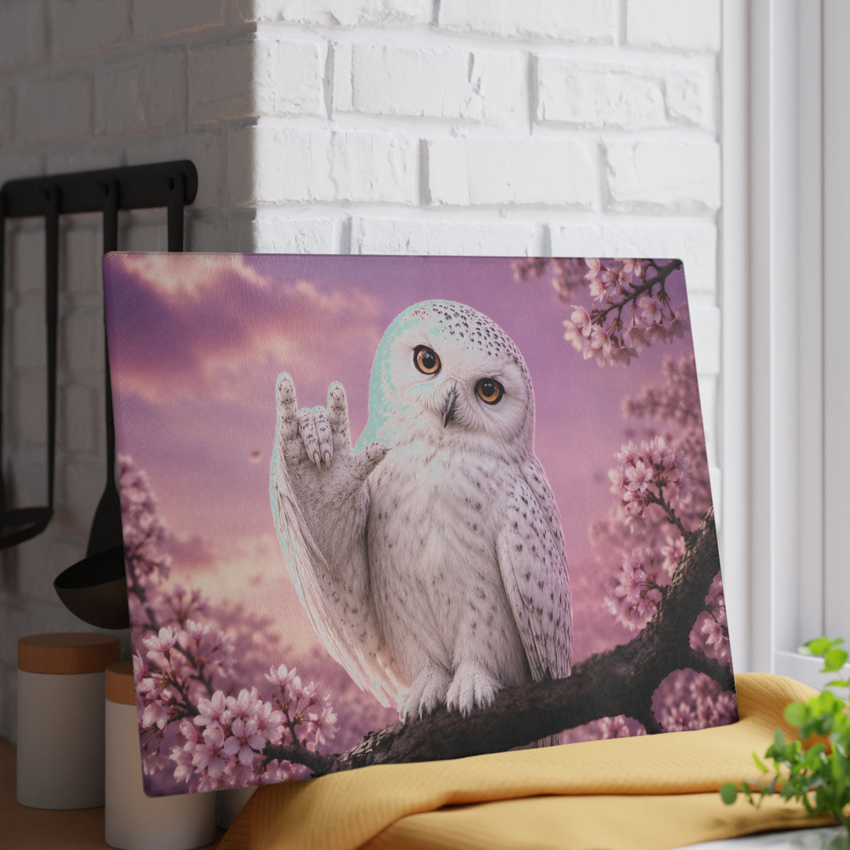 Glass Cutting Board — Cute White Owl 'Love' Hand Gesture on Pink Cherry Blossom Background