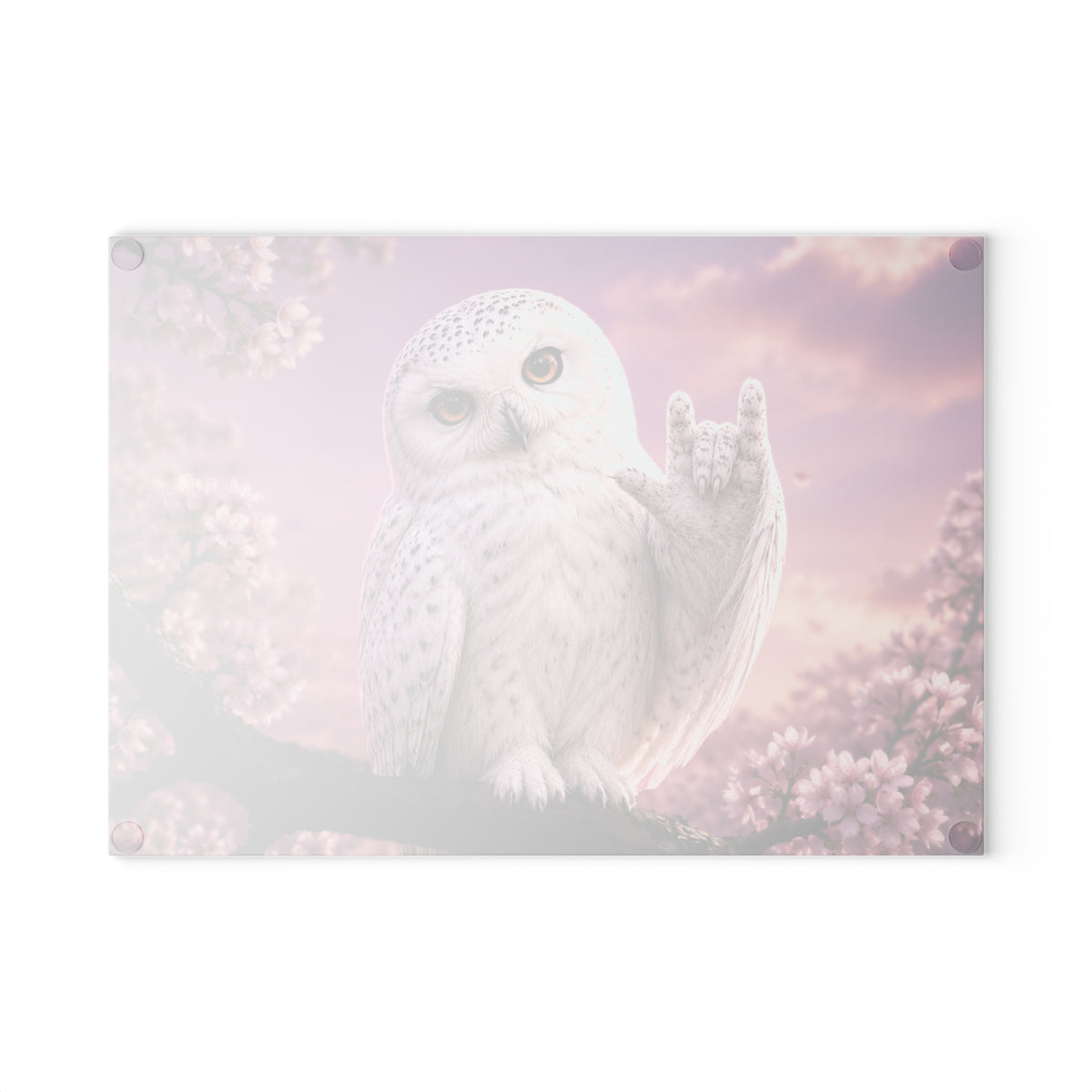 Glass Cutting Board — Cute White Owl 'Love' Hand Gesture on Pink Cherry Blossom Background