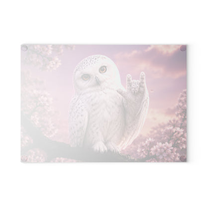 Glass Cutting Board — Cute White Owl 'Love' Hand Gesture on Pink Cherry Blossom Background