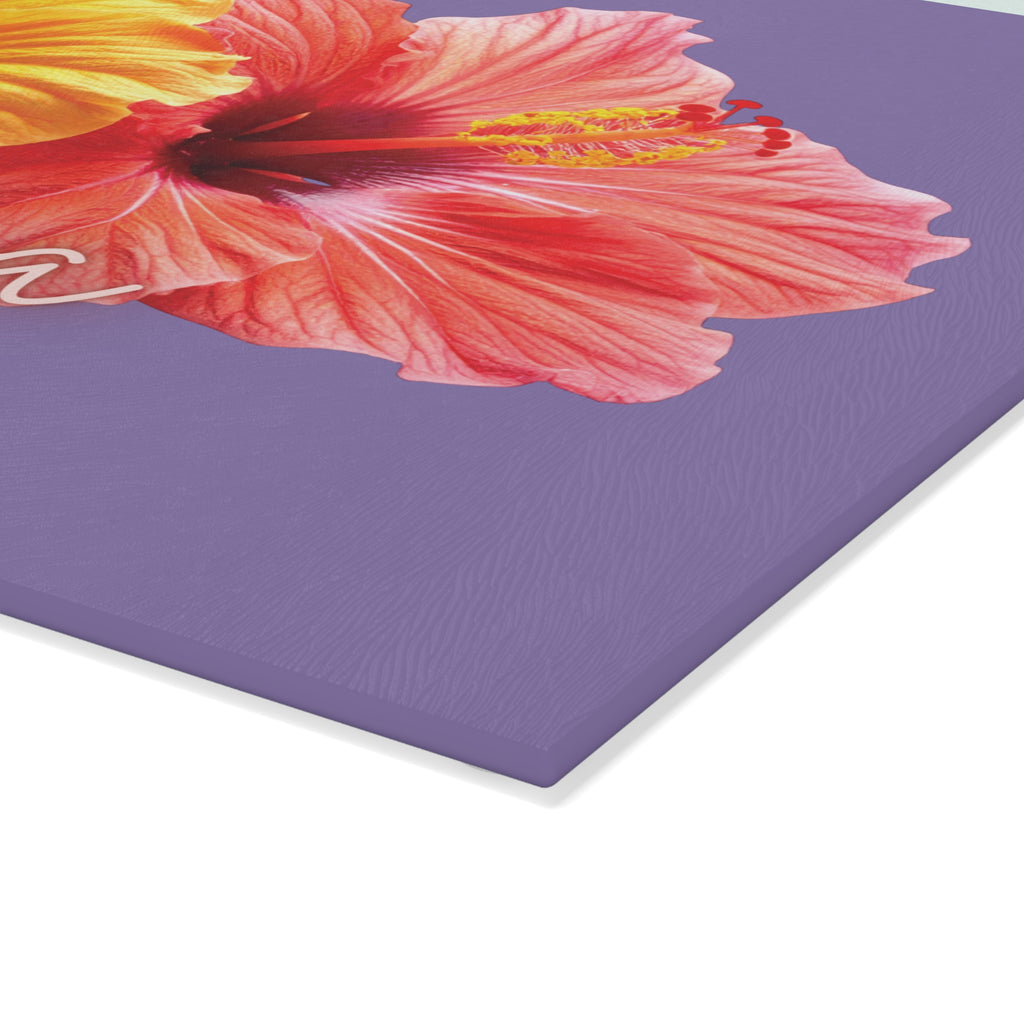 Mama Hibiscus Glass Cutting Board — Tropical Floral Kitchen Gift for Moms