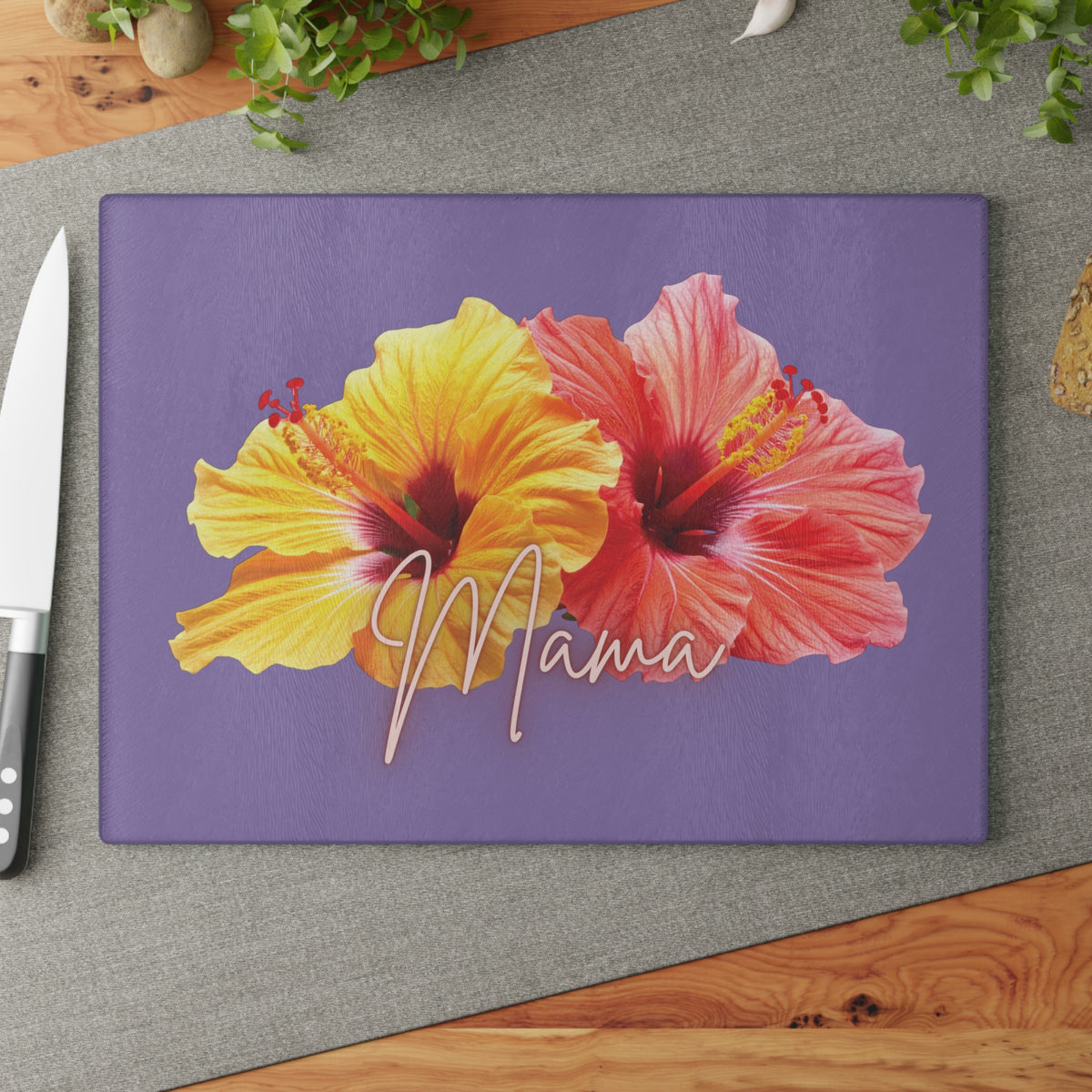 Mama Hibiscus Glass Cutting Board — Tropical Floral Kitchen Gift for Moms