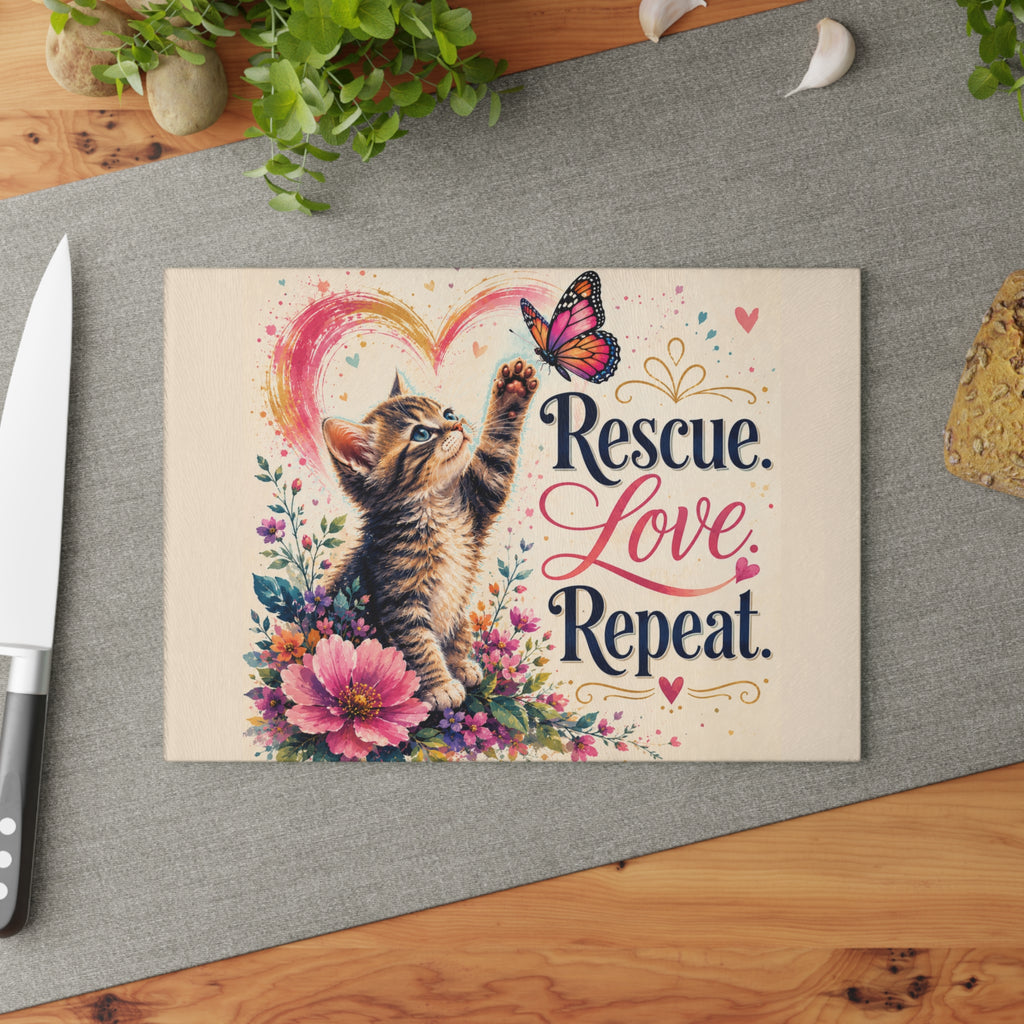 Rescue Love Repeat kitten with butterfly Glass Cutting Board | floral heart kitchen decor