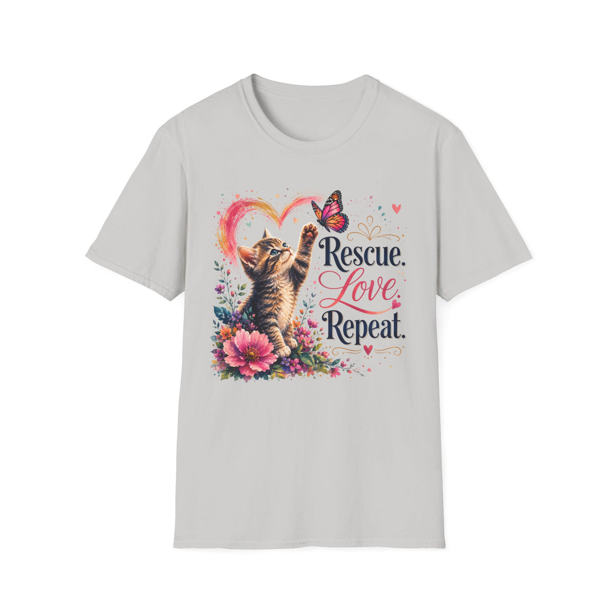 Rescue Love kitten heart butterfly T-Shirt | Rescue Love Repeat tee