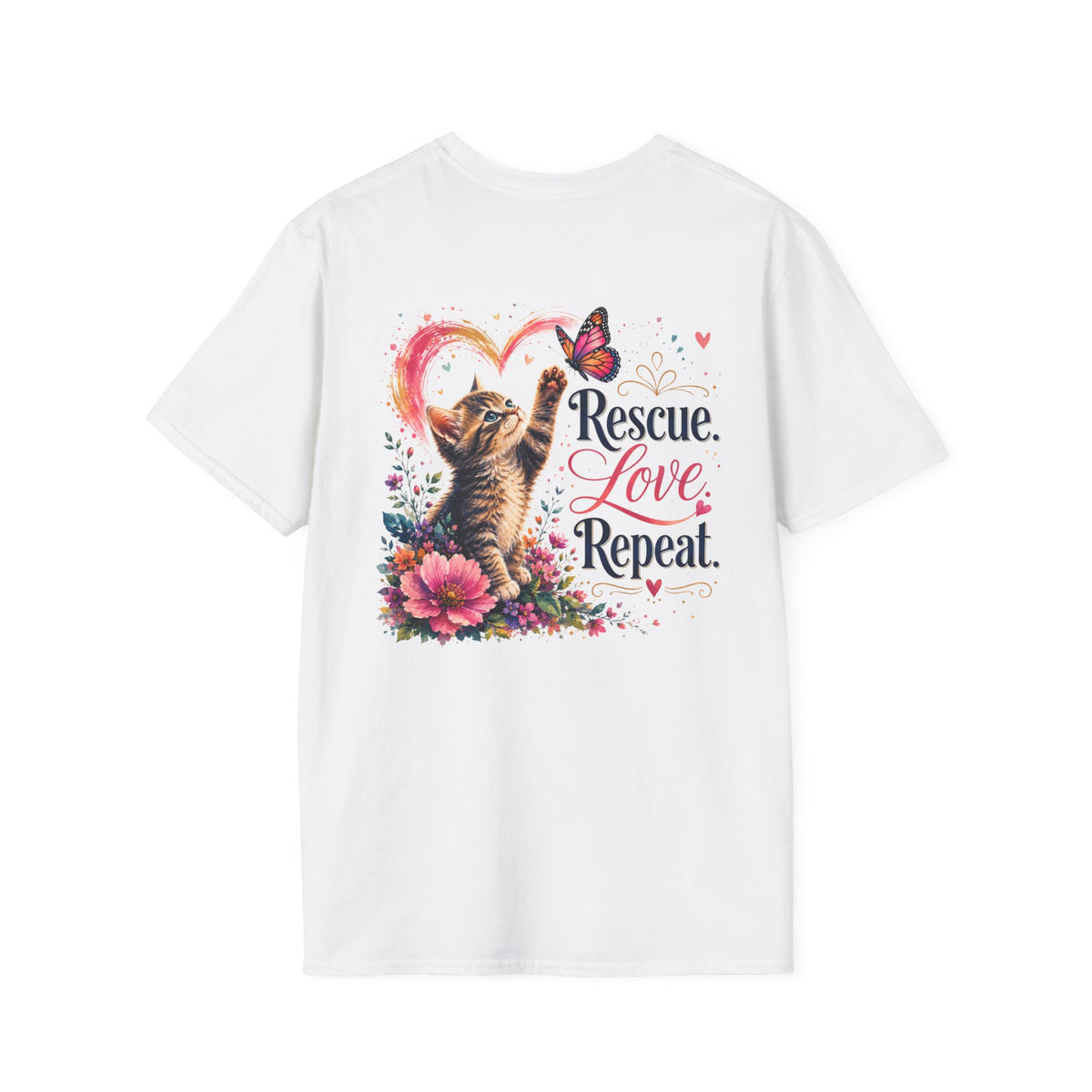 Rescue Love kitten heart butterfly T-Shirt | Rescue Love Repeat tee